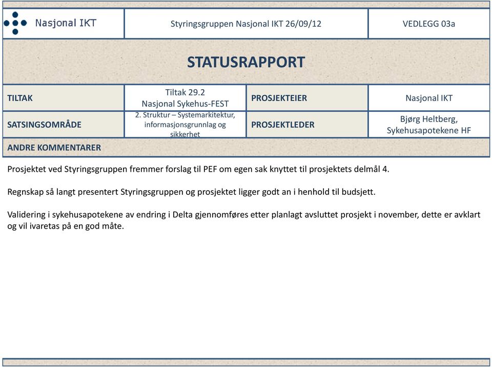 Styringsgruppen fremmer forslag til PEF om egen sak knyttet til prosjektets delmål 4.