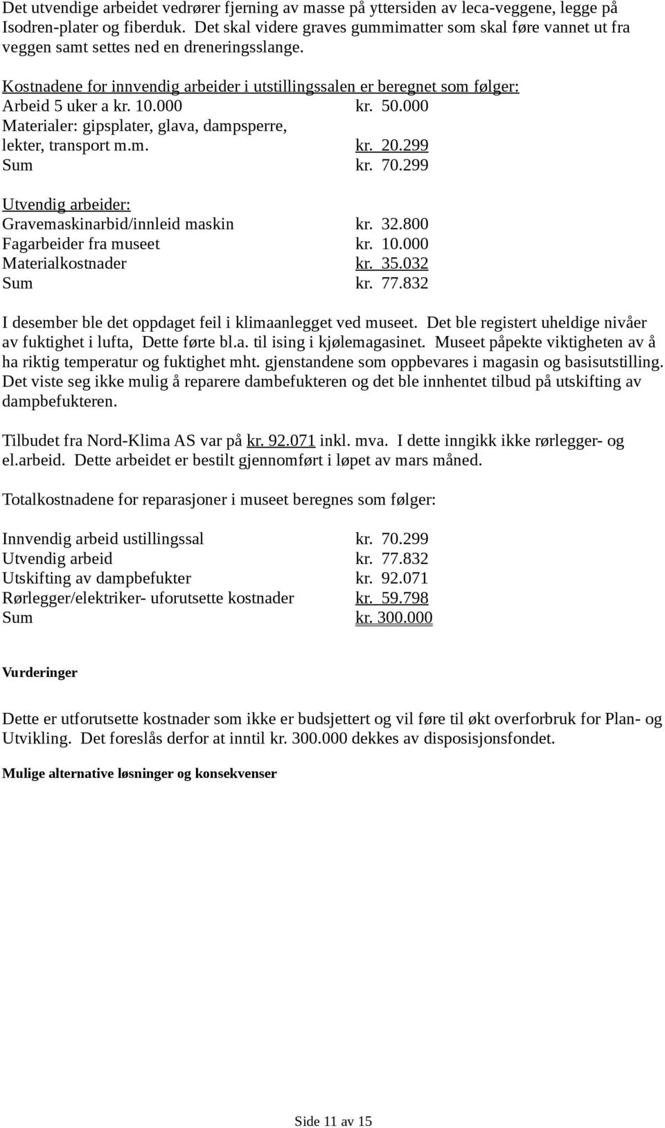 Kostnadene for innvendig arbeider i utstillingssalen er beregnet som følger: Arbeid 5 uker a kr. 10.000 kr. 50.000 Materialer: gipsplater, glava, dampsperre, lekter, transport m.m. kr. 20.299 Sum kr.