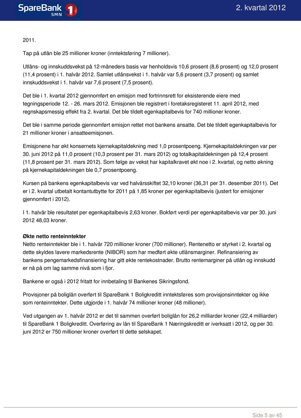 kvartal 2012 gjennomført en emisjon med fortrinnsrett for eksisterende eiere med tegningsperiode 12. - 26. mars 2012. Emisjonen ble registrert i foretaksregisteret 11.