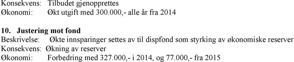 Justering mot fond Beskrivelse: Økte innsparinger settes av til dispfond