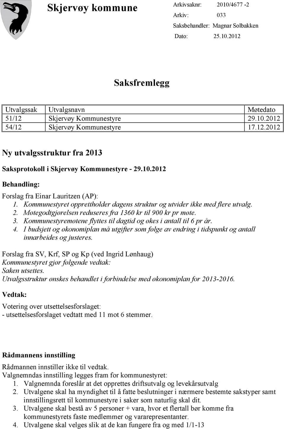 Kommunestyret opprettholder dagens struktur og utvider ikke med flere utvalg. 2. Møtegodtgjørelsen reduseres fra 1360 kr til 900 kr pr møte. 3.