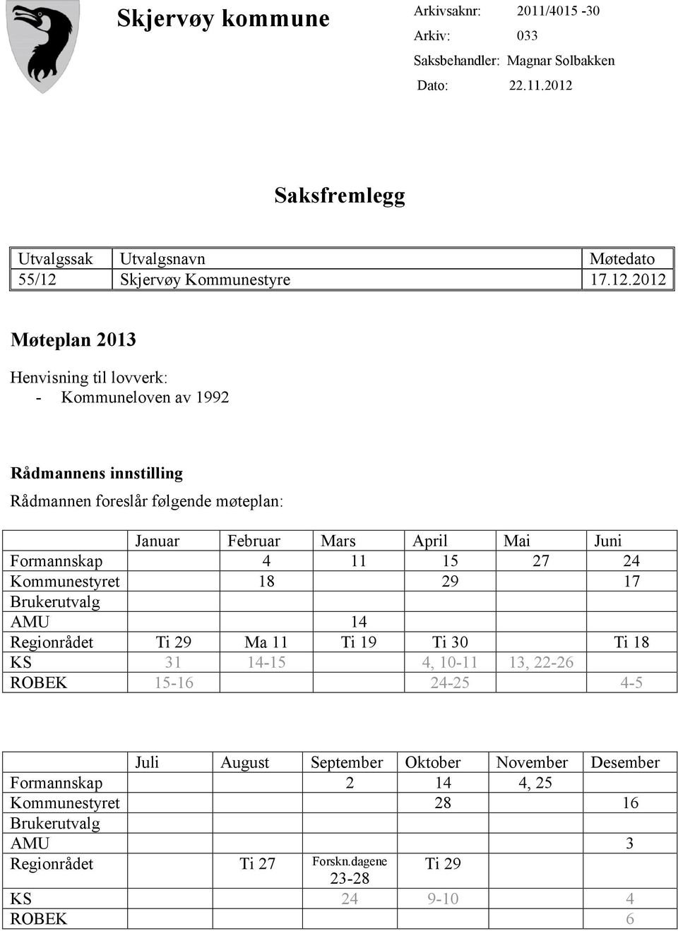 Formannskap 4 11 15 27 24 Kommunestyret 18 29 17 Brukerutvalg AMU 14 Regionrådet Ti 29 Ma 11 Ti 19 Ti 30 Ti 18 KS 31 14-15 4, 10-11 13, 22-26 ROBEK 15-16 24-25 4-5 Juli