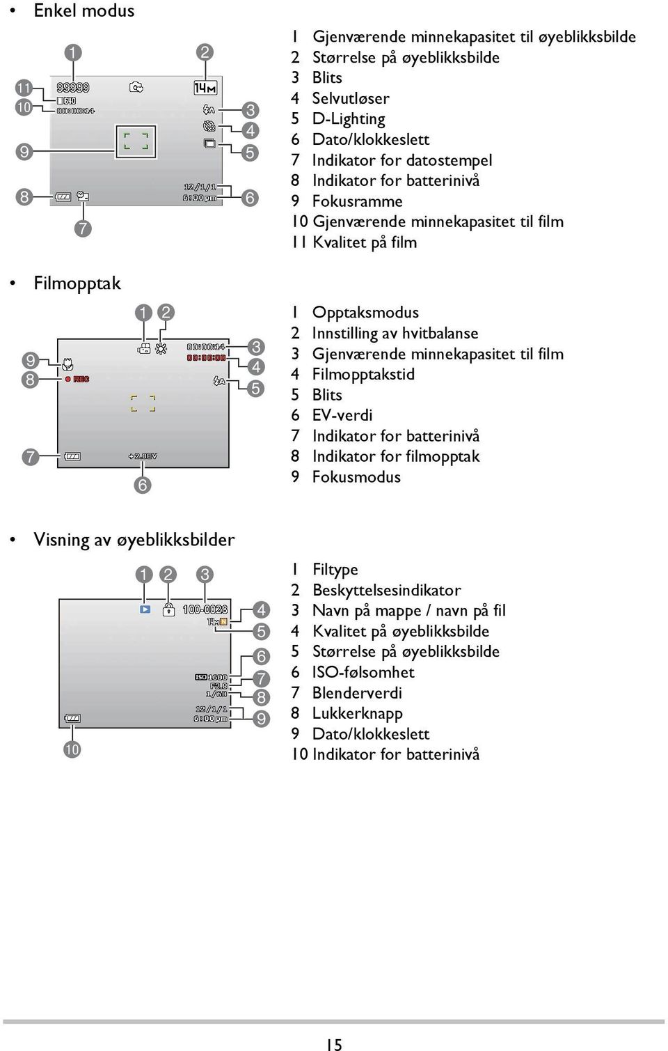 Gjenværende minnekapasitet til film 4 Filmopptakstid 5 Blits 6 EV-verdi 7 Indikator for batterinivå 8 Indikator for filmopptak 9 Fokusmodus Visning av øyeblikksbilder 1 2 3 bk 4 5 6 7 8 9 1