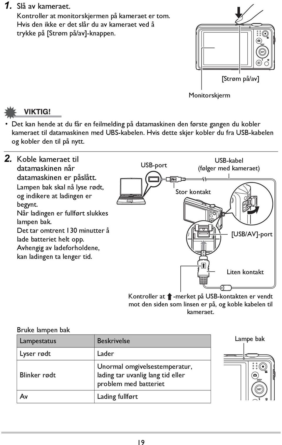 Hvis dette skjer kobler du fra USB-kabelen og kobler den til på nytt. 2. Koble kameraet til datamaskinen når datamaskinen er påslått. Lampen bak skal nå lyse rødt, og indikere at ladingen er begynt.