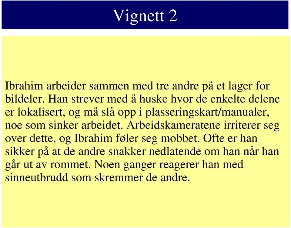 noe som sinker arbeidet. Arbeidskameratene irriterer seg over dette, og Ibrahim føler seg mobbet.