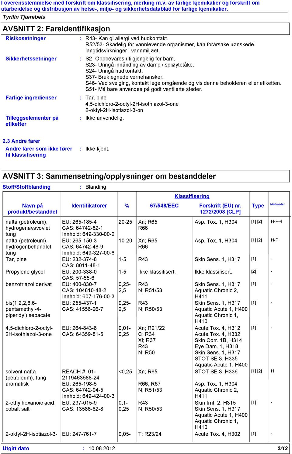 S24- Unngå hudkontakt. S37- Bruk egnede vernehansker. S46- Ved svelging, kontakt lege omgående og vis denne beholderen eller etiketten. S51- Må bare anvendes på godt ventilerte steder.