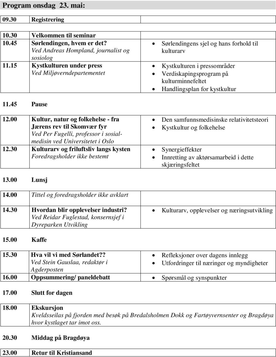 kystkultur 11.45 Pause 12.00 Kultur, natur og folkehelse - fra Jærens rev til Skomvær fyr Ved Per Fugelli, professor i sosialmedisin ved Universitetet i Oslo 12.