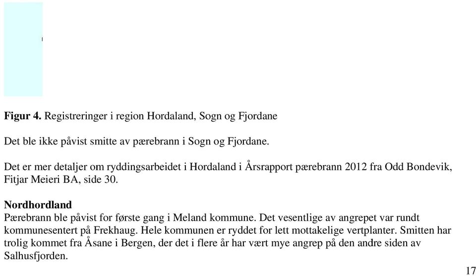 Nordhordland Pærebrann ble påvist for første gang i Meland kommune. Det vesentlige av angrepet var rundt kommunesentert på Frekhaug.