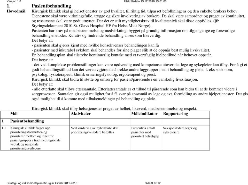 Der det er stilt myndighetskrav til kvalitetsnivå skal disse oppfylles. (jfr. Styringsdokument 2010 St. Olavs Hospital HF fra Helse Midt-Norge).