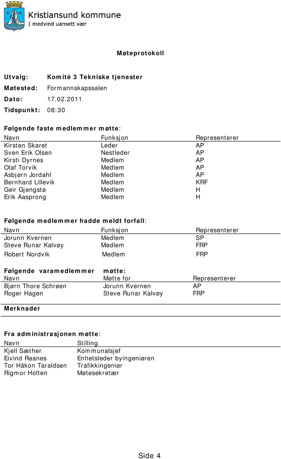 Medlem AP Bernhard Lillevik Medlem KRF Geir Gjengstø Medlem H Erik Aasprong Medlem H Følgende medlemmer hadde meldt forfall: Navn Funksjon Representerer Jorunn Kvernen Medlem SP Steve Runar Kalvøy