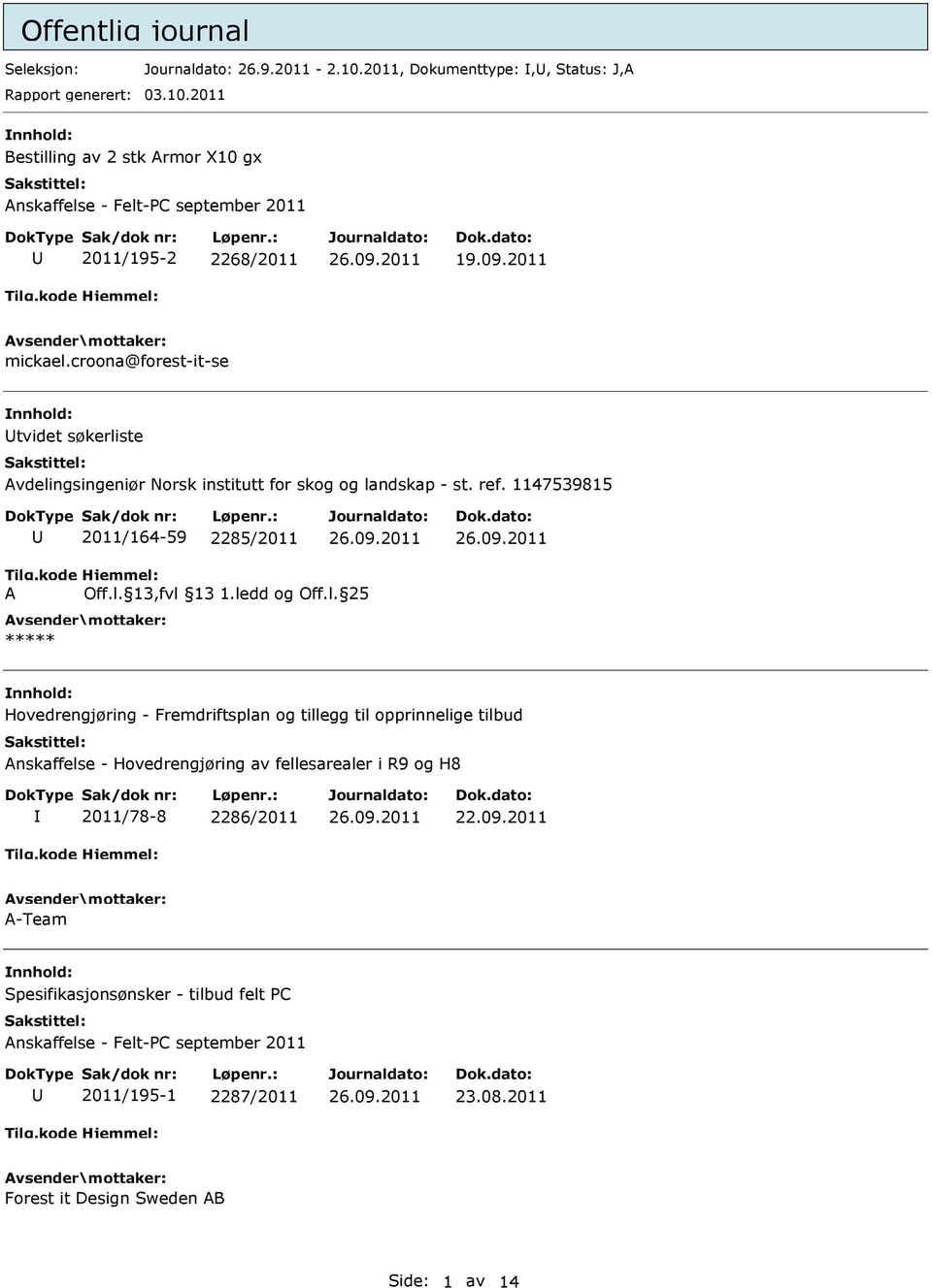 ledd og Off.l. 25 Hovedrengjøring - Fremdriftsplan og tillegg til opprinnelige tilbud Anskaffelse - Hovedrengjøring av fellesarealer i R9 og H8 2011/78-8 2286/2011 22.09.