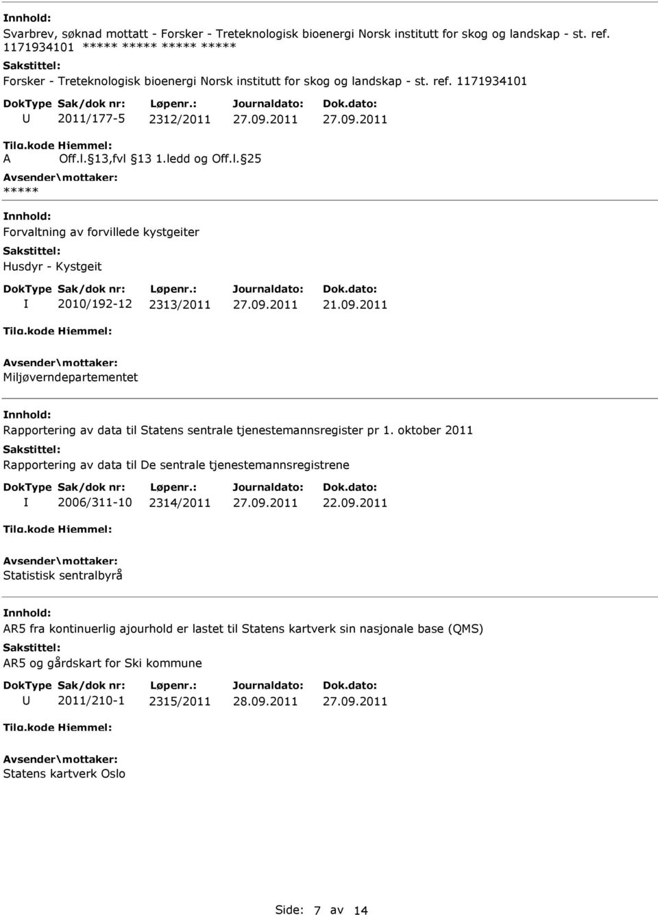 09.2011 Miljøverndepartementet Rapportering av data til Statens sentrale tjenestemannsregister pr 1.