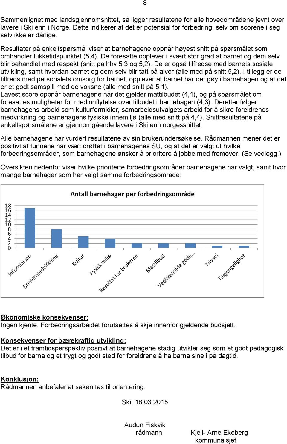 8 Resultater på enkeltspørsmål viser at barnehagene oppnår høyest snitt på spørsmålet som omhandler lukketidspunktet (5,4).