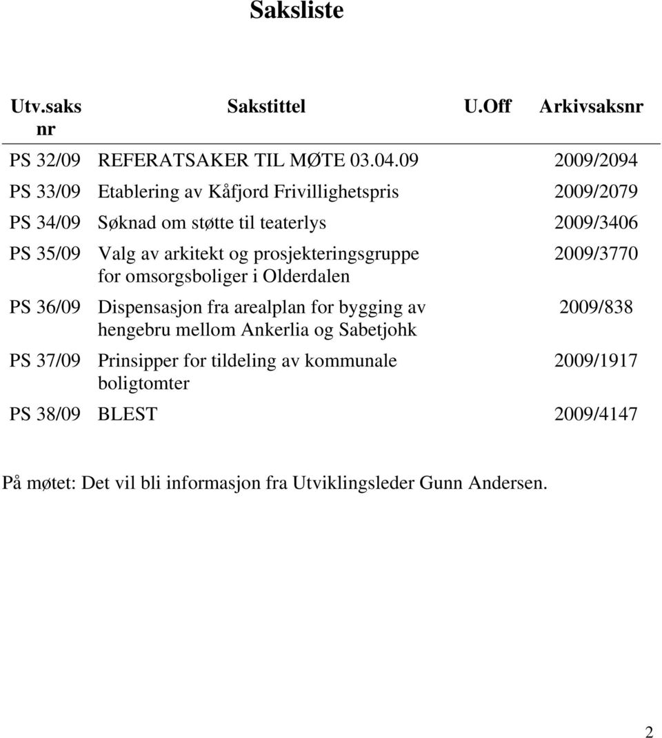 arkitekt og prosjekteringsgruppe 2009/3770 for omsorgsboliger i Olderdalen PS 36/09 Dispensasjon fra arealplan for bygging av 2009/838