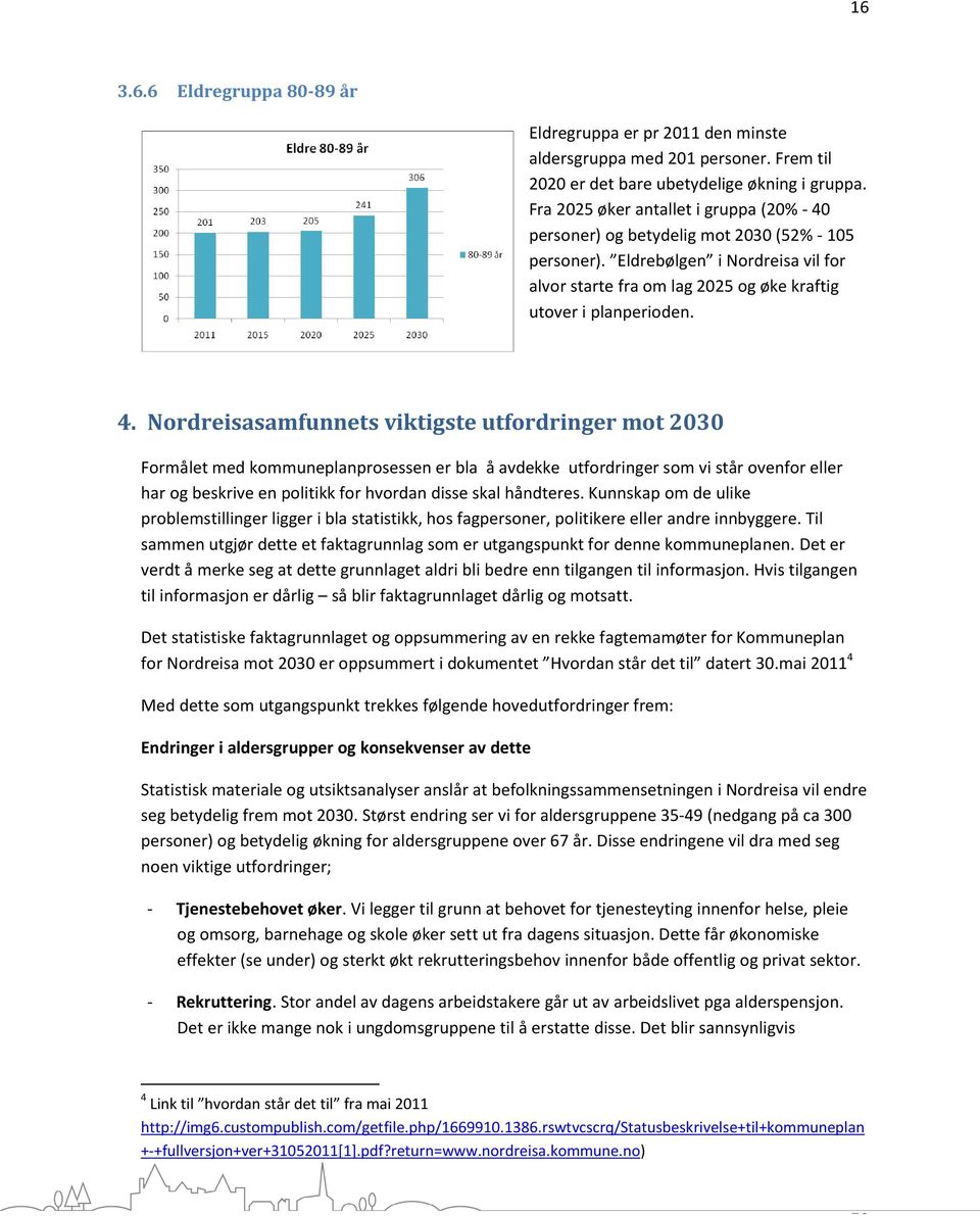 personer) og betydelig mot 2030 (52% - 105 personer). Eldrebølgen i Nordreisa vil for alvor starte fra om lag 2025 og øke kraftig utover i planperioden. 4.