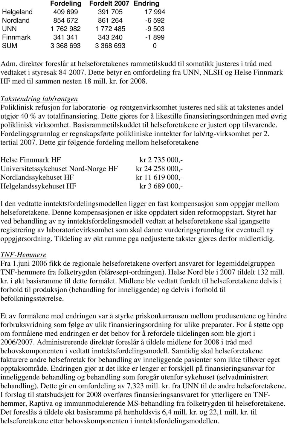 Dette betyr en omfordeling fra UNN, NLSH og Helse Finnmark HF med til sammen nesten 18 mill. kr. for 2008.