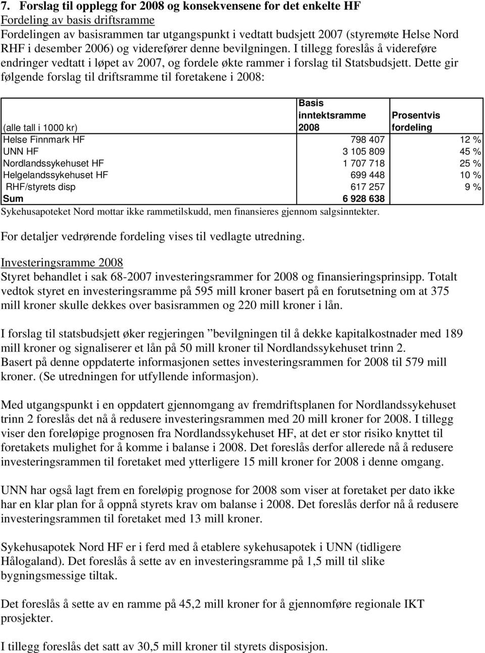 Dette gir følgende forslag til driftsramme til foretakene i 2008: Basis inntektsramme 2008 Prosentvis fordeling (alle tall i 1000 kr) Helse Finnmark HF 798 407 12 % UNN HF 3 105 809 45 %