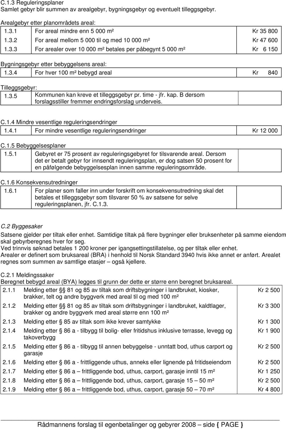 time - jfr. kap. B dersom forslagsstiller fremmer endringsforslag underveis. C.1.4 Mindre vesentlige reguleringsendringer 1.4.1 For mindre vesentlige reguleringsendringer Kr 12 000 C.1.5 Bebyggelsesplaner 1.