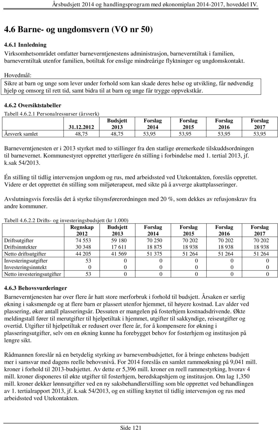 Hovedmål: Sikre at barn og unge som lever under forhold som kan skade deres helse og utvikling, får nødvendig hjelp og omsorg til rett tid, samt bidra til at barn og unge får trygge oppvekstkår. 4.6.