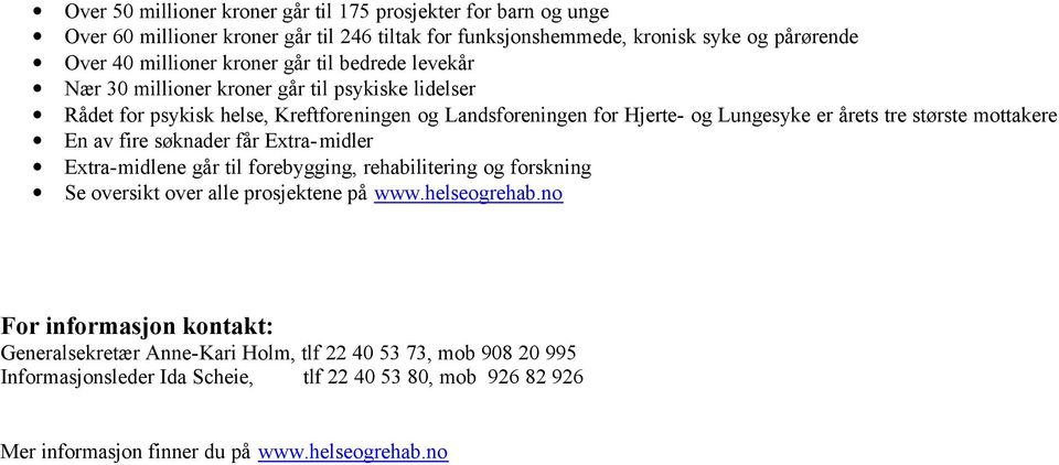 mottakere En av fire søknader får Extra-midler Extra-midlene går til forebygging, rehabilitering og forskning Se oversikt over alle prosjektene på www.helseogrehab.