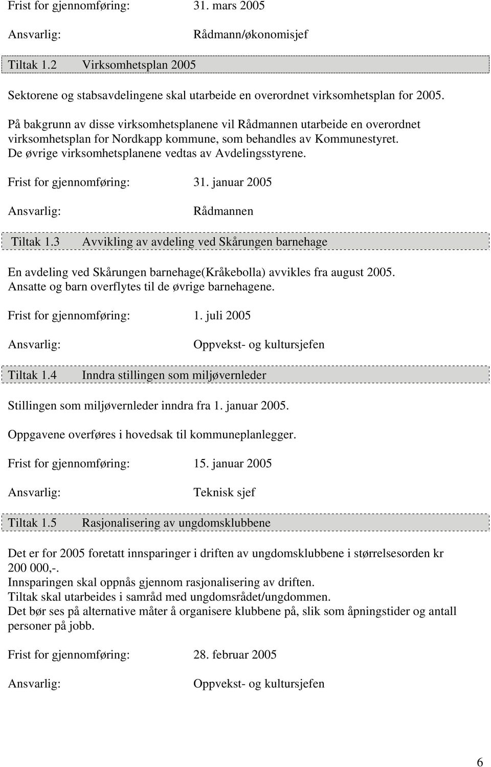 De øvrige virksomhetsplanene vedtas av Avdelingsstyrene. Frist for gjennomføring: 31. januar 2005 Tiltak 1.