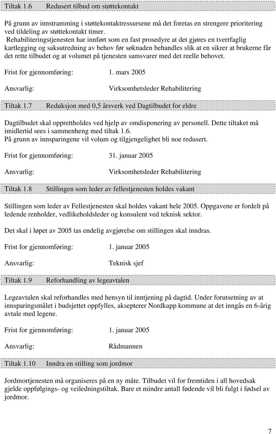 tilbudet og at volumet på tjenesten samsvarer med det reelle behovet. Frist for gjennomføring: 1. mars 2005 Tiltak 1.