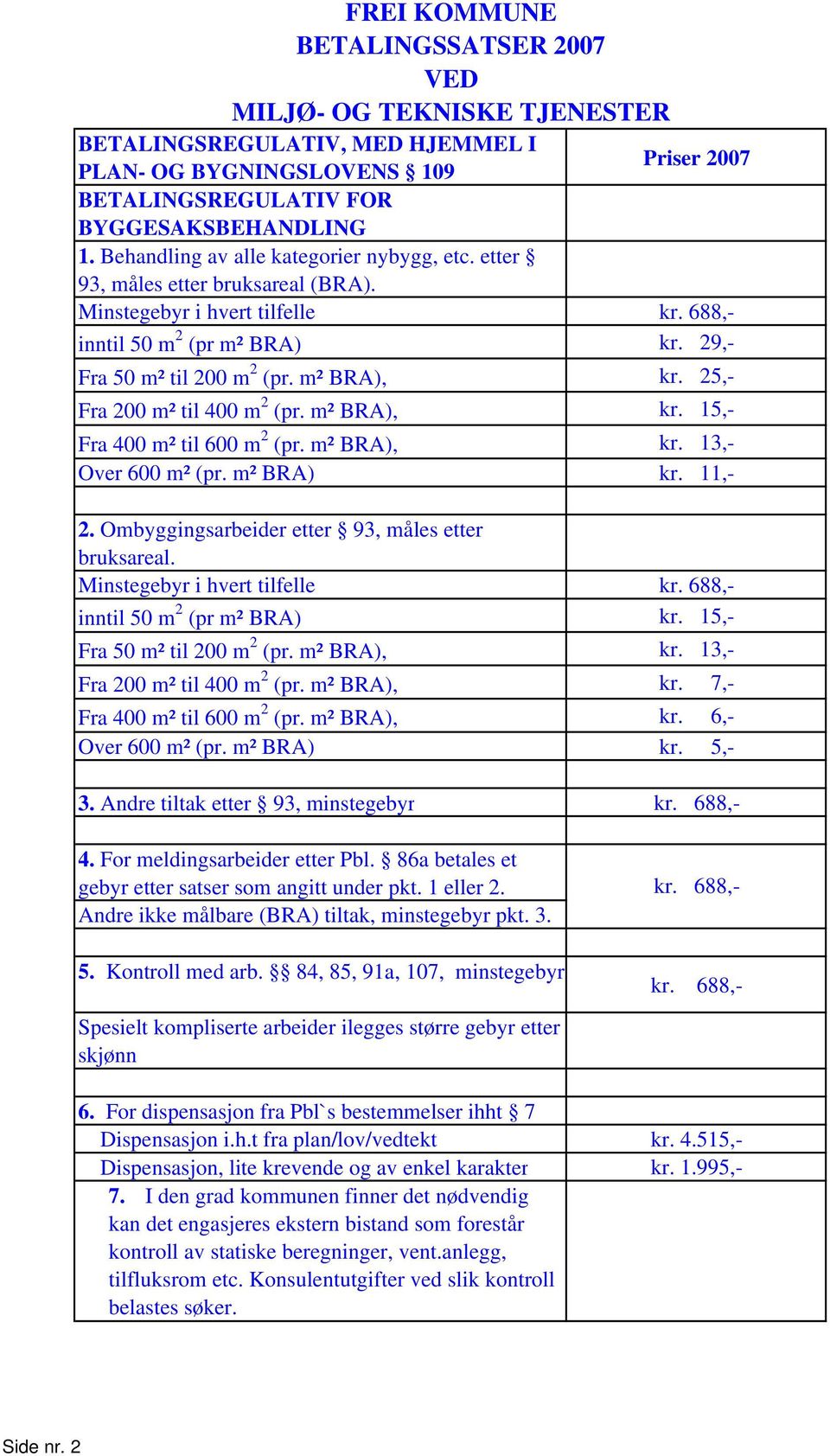 m² BRA) kr. 11,- 2. Ombyggingsarbeider etter 93, måles etter bruksareal. Minstegebyr i hvert tilfelle inntil 50 m 2 (pr m² BRA) kr. 15,- Fra 50 m² til 200 m 2 (pr. m² BRA), kr.