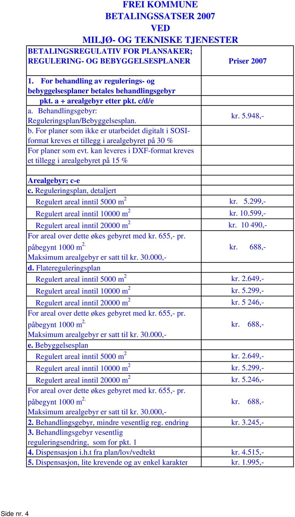 kan leveres i DXF-format kreves et tillegg i arealgebyret på 15 % kr. 5.948,- Arealgebyr; c-e c. Reguleringsplan, detaljert Regulert areal inntil 5000 m 2 kr. 5.299,- Regulert areal inntil 10000 m 2 kr.