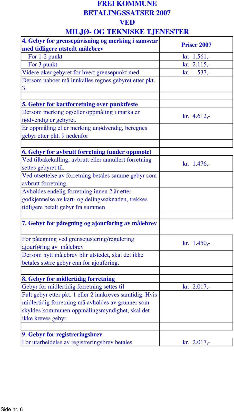 Er oppmåling eller merking unødvendig, beregnes gebyr etter pkt. 9 nedenfor 6. Gebyr for avbrutt forretning (under oppmøte) Ved tilbakekalling, avbrutt eller annullert forretning settes gebyret til.