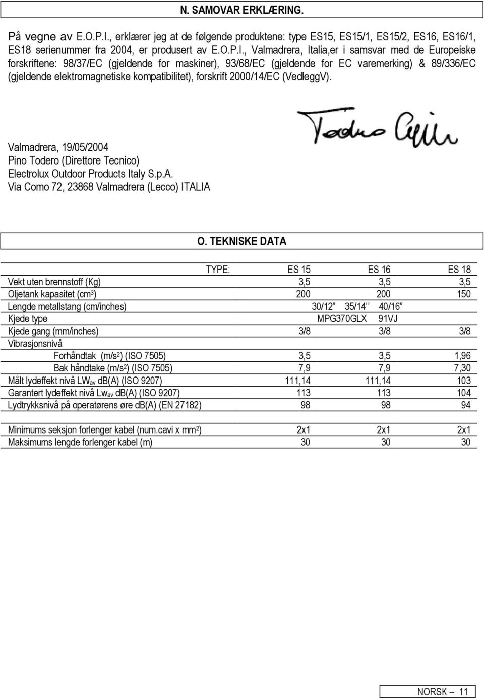 , erklærer jeg at de følgende produktene: type ES15, ES15/1, ES15/2, ES16, ES16/1, ES18 serienummer fra 2004, er produsert av E.O.P.I.