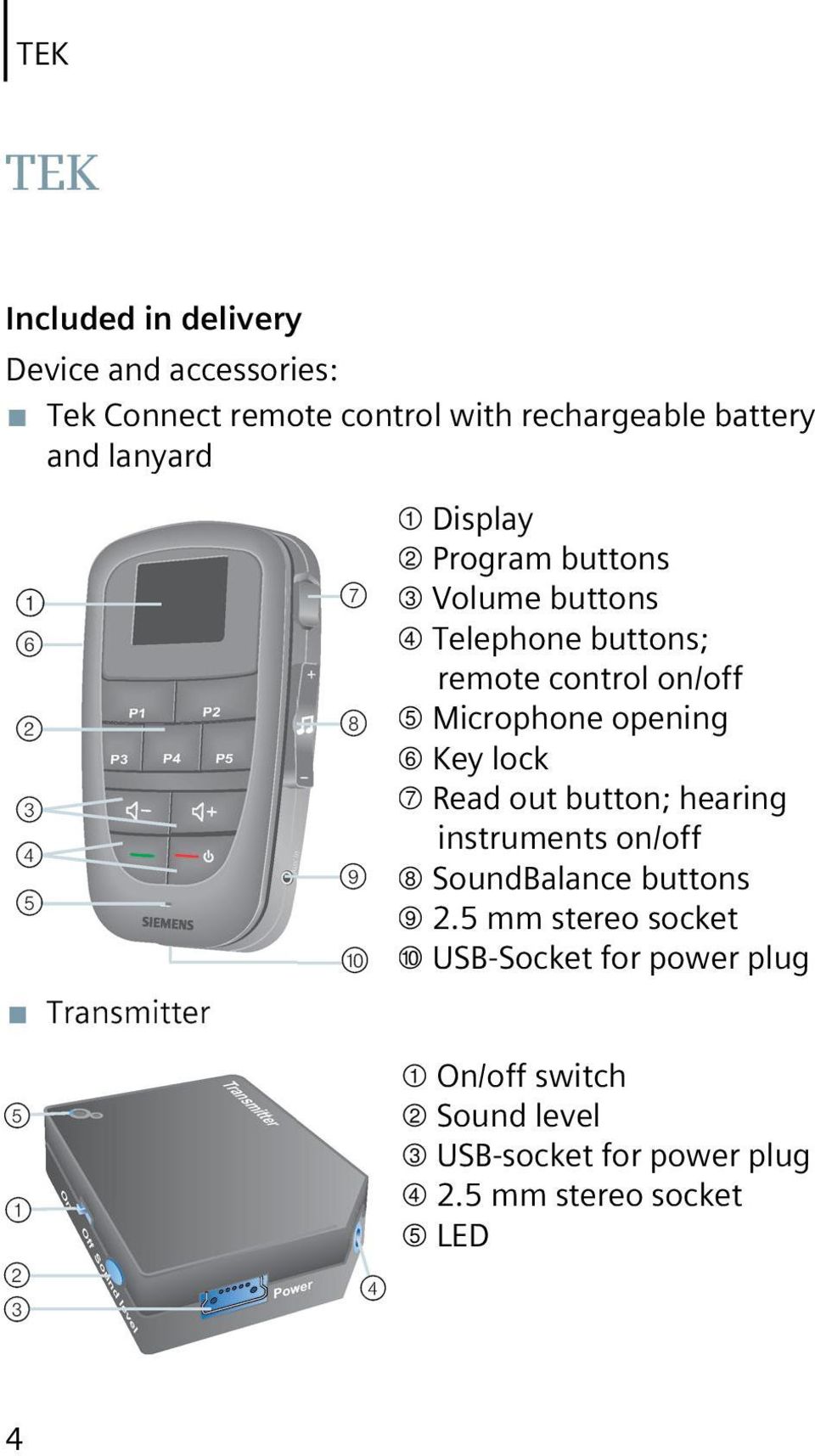 Microphone opening ➅ Key lock ➆ Read out button; hearing instruments on/off ➇ SoundBalance buttons ➈ 2.