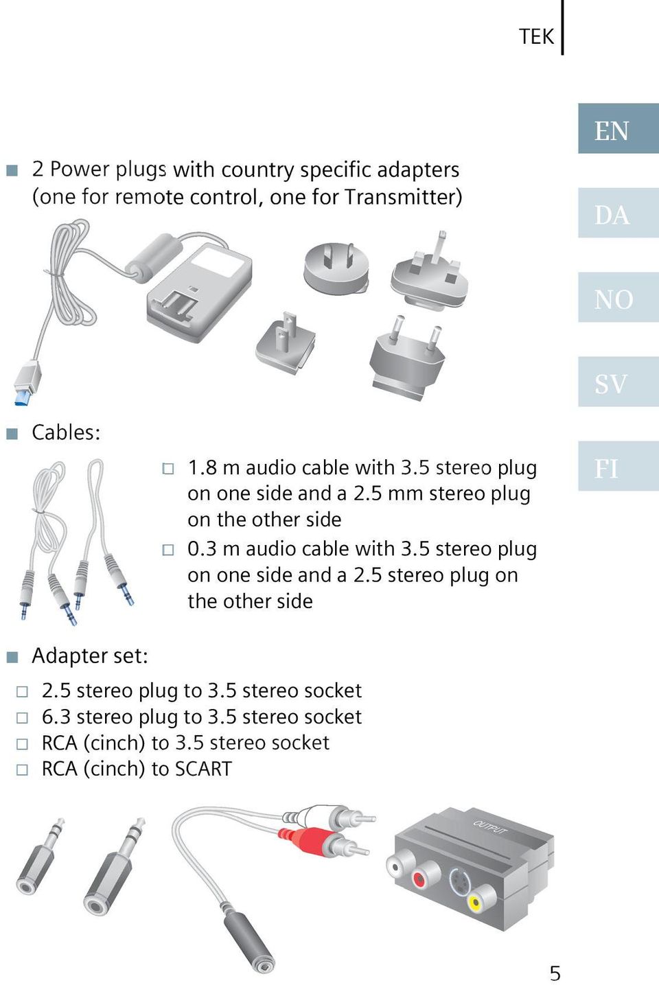 3 m audio cable with 3.5 stereo plug on one side and a 2.5 stereo plug on the other side SV FI Adapter set: 2.