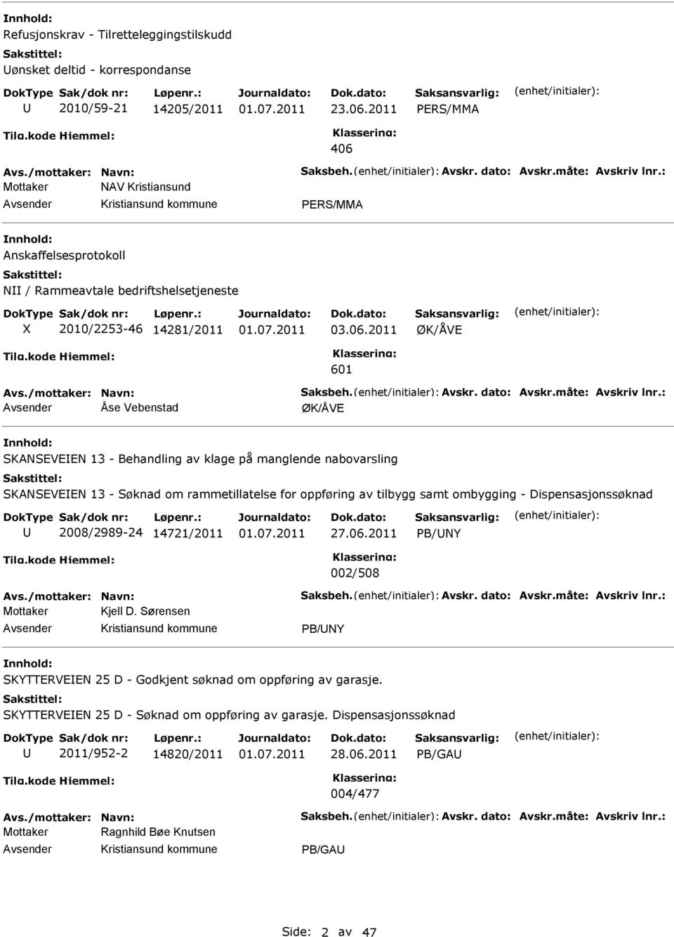 Mottaker AV Kristiansund RS/MMA Anskaffelsesprotokoll / Rammeavtale bedriftshelsetjeneste X 2010/2253-46 14281/2011 03.06.