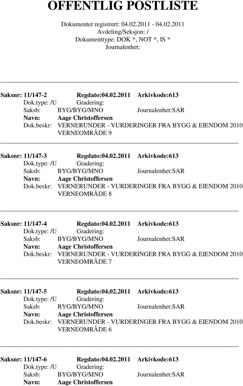 2011 Arkivkode:613 Aage Christoffersen VERNEOMRÅDE 8 Saksnr: 11/147-4 Regdato:04.02.