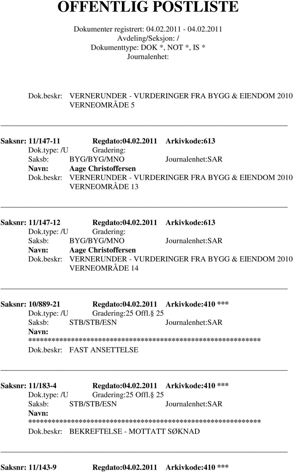 2011 Arkivkode:613 Aage Christoffersen VERNEOMRÅDE 14 Saksnr: 10/889-21 Regdato:04.02.2011 Arkivkode:410 *** 25 Offl.