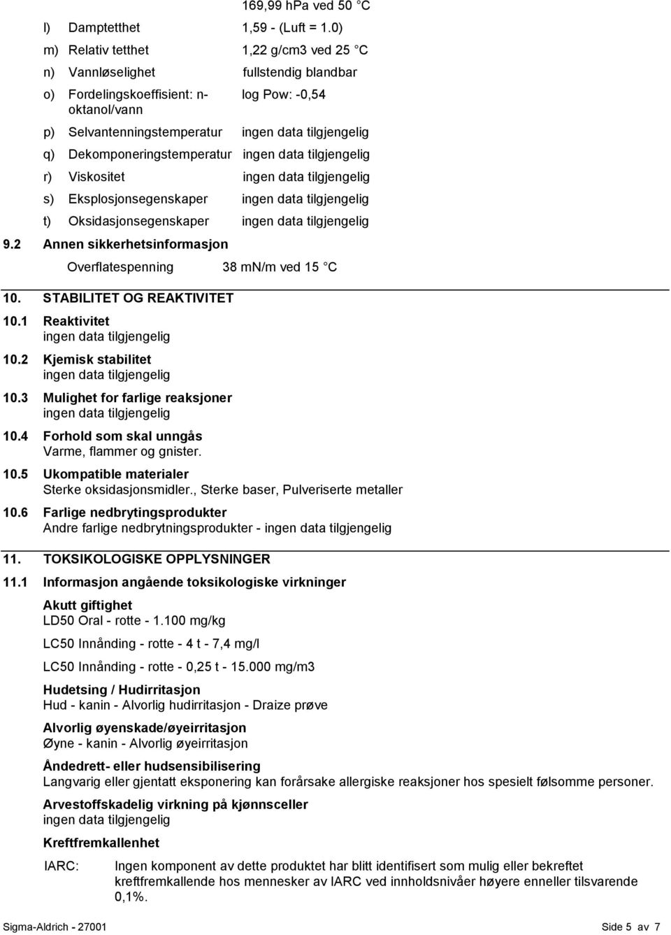 Viskositet s) Eksplosjonsegenskaper t) Oksidasjonsegenskaper 9.2 Annen sikkerhetsinformasjon Overflatespenning 38 mn/m ved 15 C 10. STABILITET OG REAKTIVITET 10.1 Reaktivitet 10.