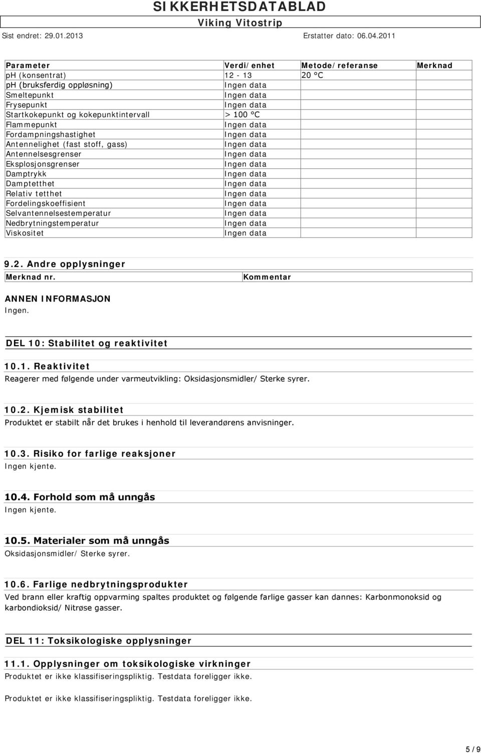 Nedbrytningstemperatur Viskositet 9.2. Andre opplysninger Merknad nr. Kommentar ANNEN INFORMASJON Ingen. DEL 10: Stabilitet og reaktivitet 10.1. Reaktivitet Reagerer med følgende under varmeutvikling: Oksidasjonsmidler/ Sterke syrer.