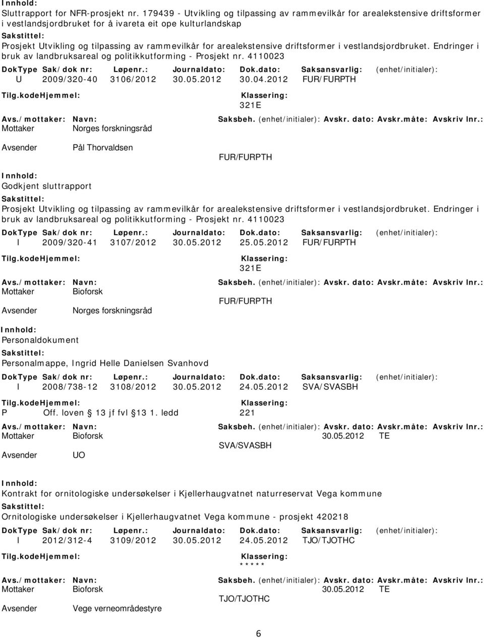 arealekstensive driftsformer i vestlandsjordbruket. Endringer i bruk av landbruksareal og politikkutforming - Prosjekt nr. 4110023 U 2009/320-40 3106/2012 30.05.2012 30.04.