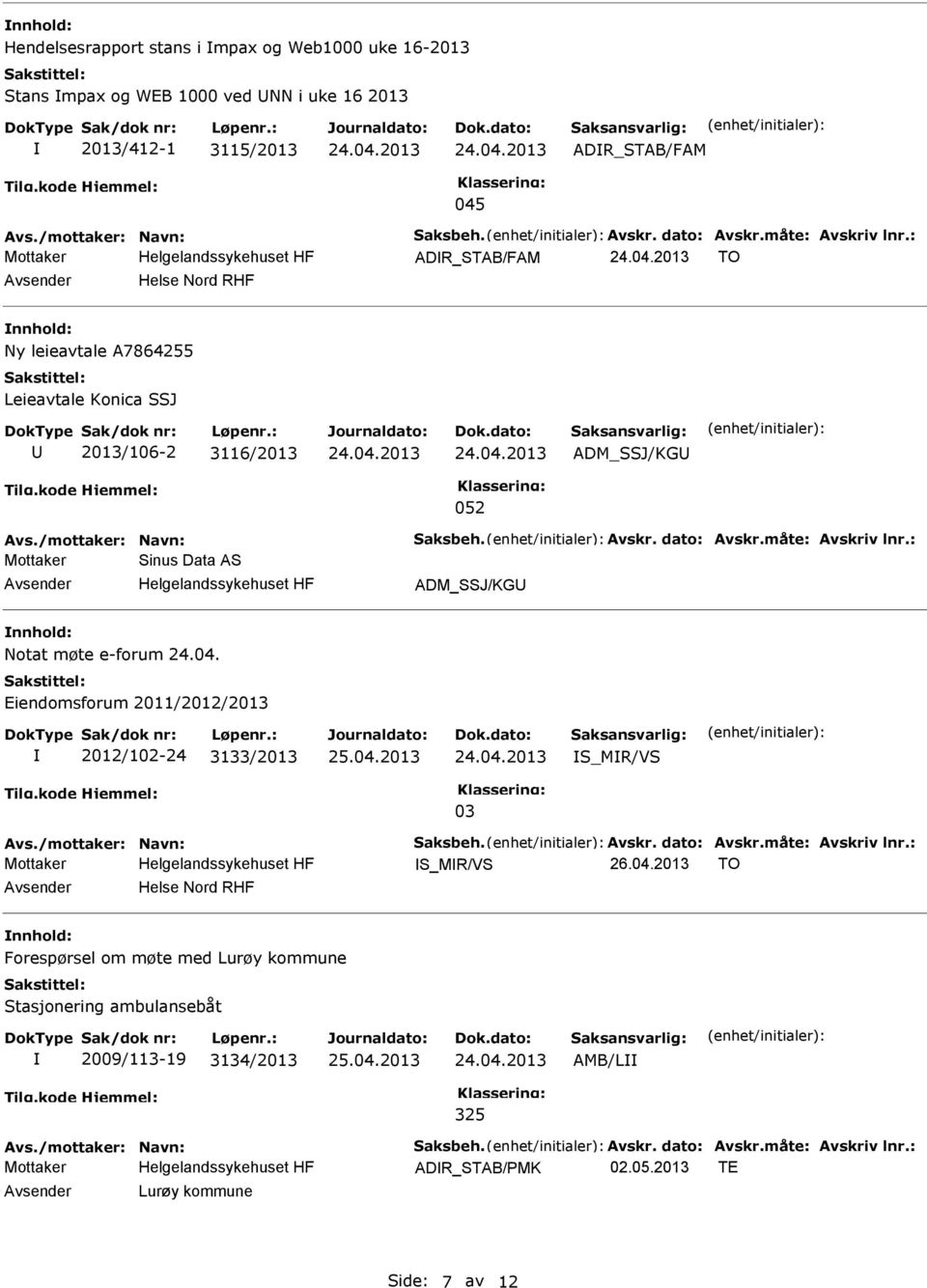 04. Eiendomsforum 2011/2012/2013 2012/102-24 3133/2013 S_MR/VS 03 Avs./mottaker: Navn: Saksbeh. Avskr. dato: Avskr.måte: Avskriv lnr.