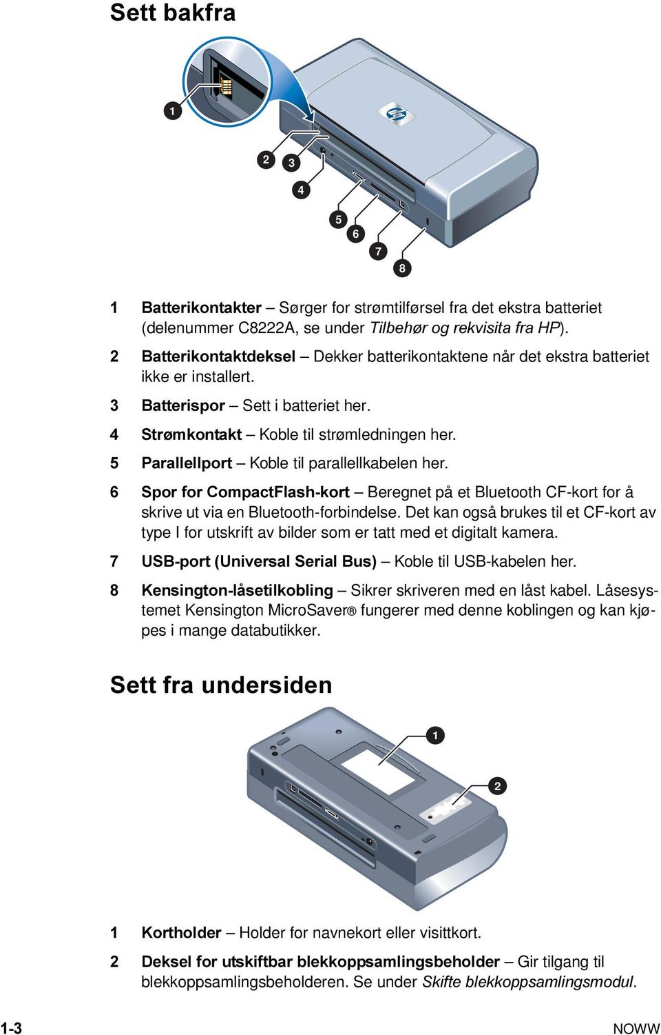 5 Parallellport Koble til parallellkabelen her. 6 Spor for CompactFlash-kort Beregnet på et Bluetooth CF-kort for å skrive ut via en Bluetooth-forbindelse.