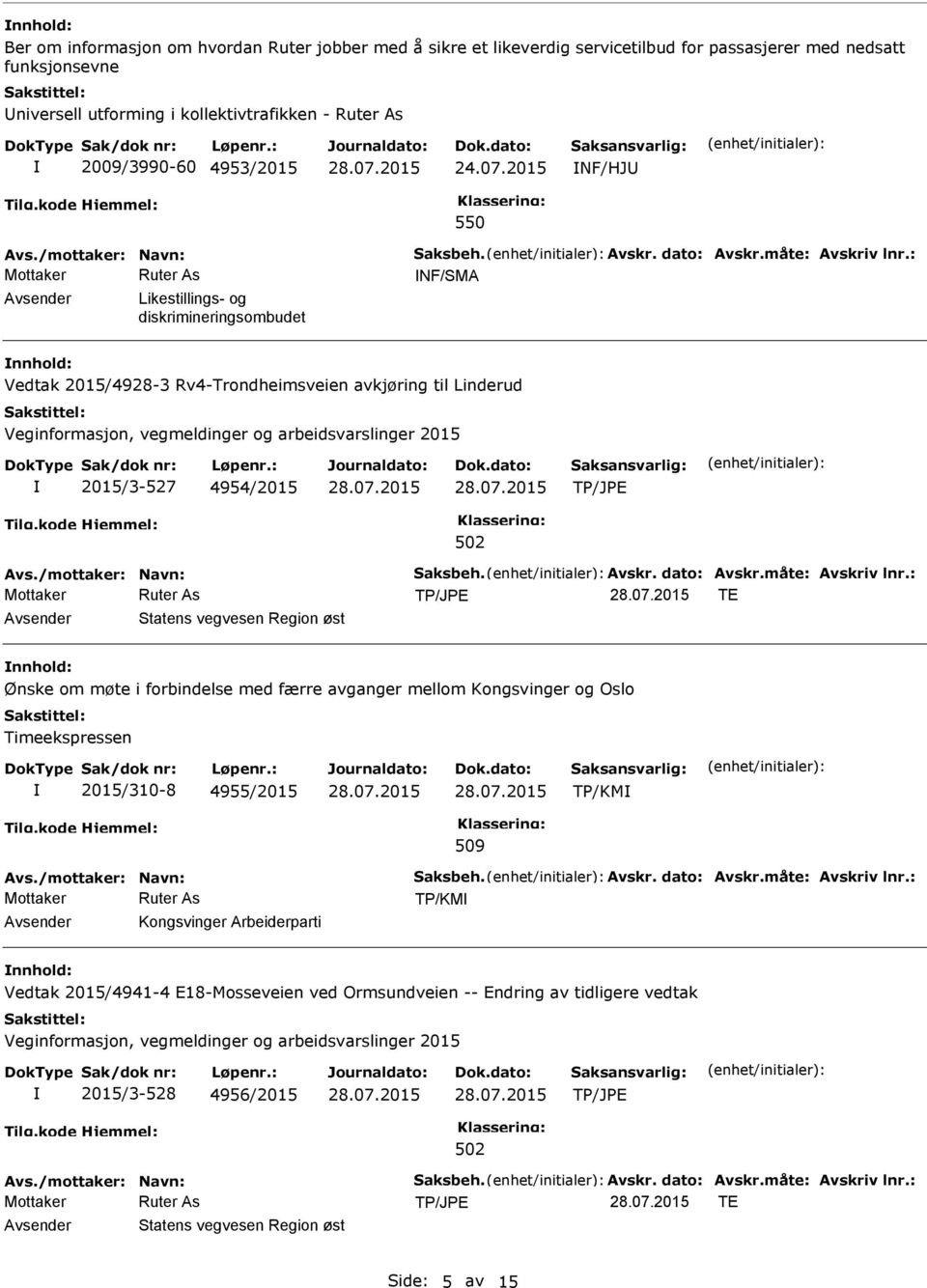 : NF/SMA Likestillings- og diskrimineringsombudet nnhold: Vedtak 2015/4928-3 Rv4-Trondheimsveien avkjøring til Linderud 2015/3-527 4954/2015 Avs./mottaker: Navn: Saksbeh. Avskr. dato: Avskr.