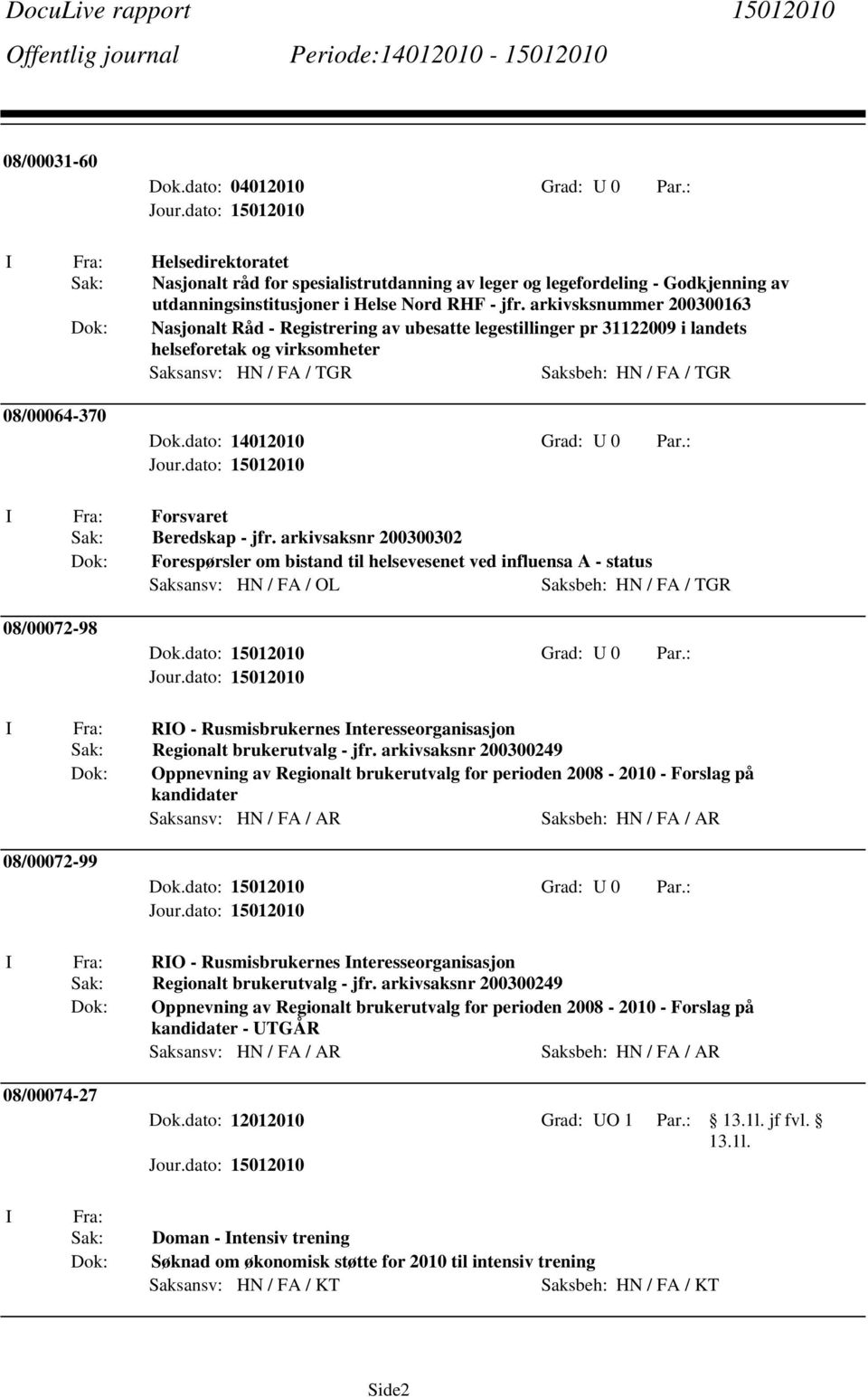 arkivsksnummer 200300163 Nasjonalt Råd - Registrering av ubesatte legestillinger pr 31122009 i landets helseforetak og virksomheter Saksansv: HN / FA / TGR Saksbeh: HN / FA / TGR 08/00064-370 I Fra: