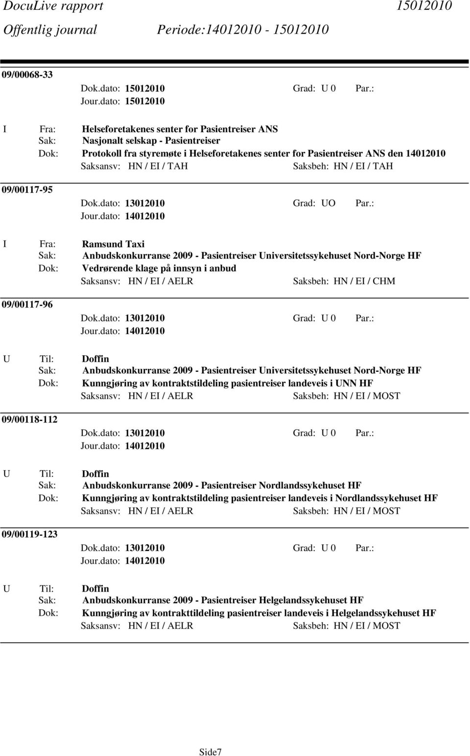 : I Fra: Ramsund Taxi Sak: Anbudskonkurranse 2009 - Pasientreiser Universitetssykehuset Nord-Norge HF Vedrørende klage på innsyn i anbud Saksansv: HN / EI / AELR Saksbeh: HN / EI / CHM 09/00117-96 U