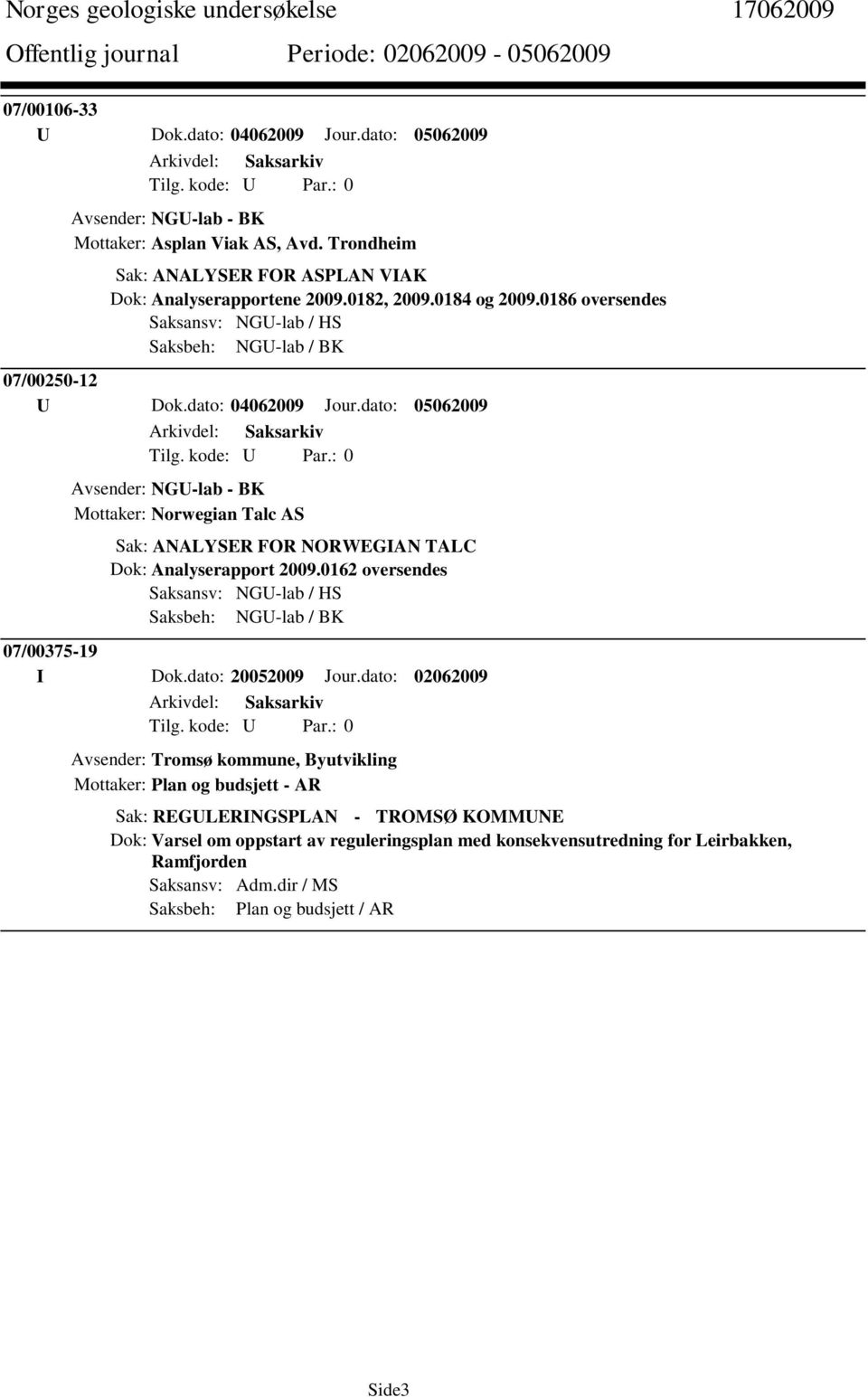 dato: 05062009 Avsender: NGU-lab - BK Mottaker: Norwegian Talc AS Sak: ANALYSER FOR NORWEGIAN TALC Dok: Analyserapport 2009.