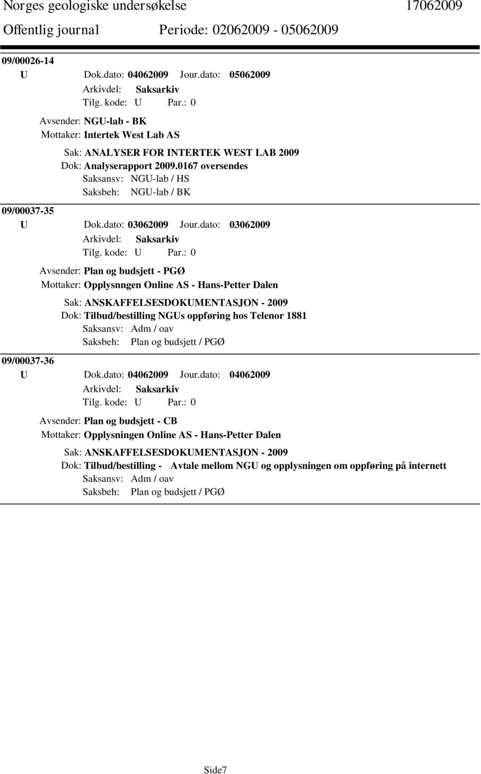 dato: 03062009 Avsender: Plan og budsjett - PGØ Mottaker: Opplysnngen Online AS - Hans-Petter Dalen Sak: ANSKAFFELSESDOKUMENTASJON - 2009 Dok: Tilbud/bestilling NGUs oppføring hos Telenor 1881