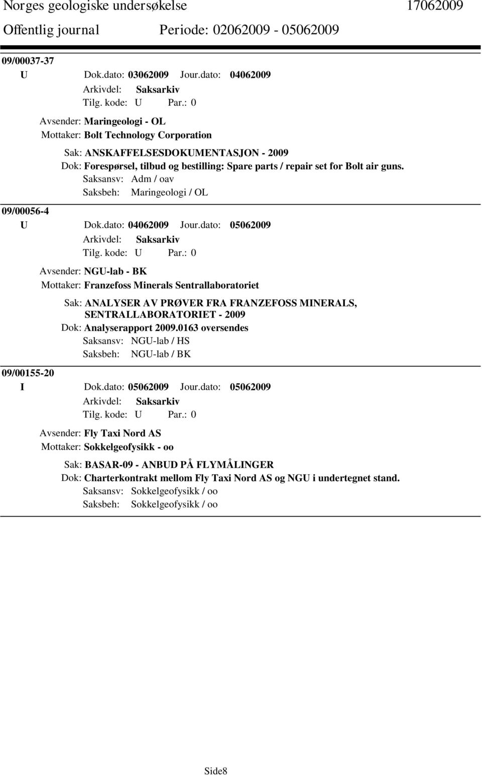 guns. Saksansv: Adm / oav Saksbeh: Maringeologi / OL 09/00056-4 U Dok.dato: 04062009 Jour.