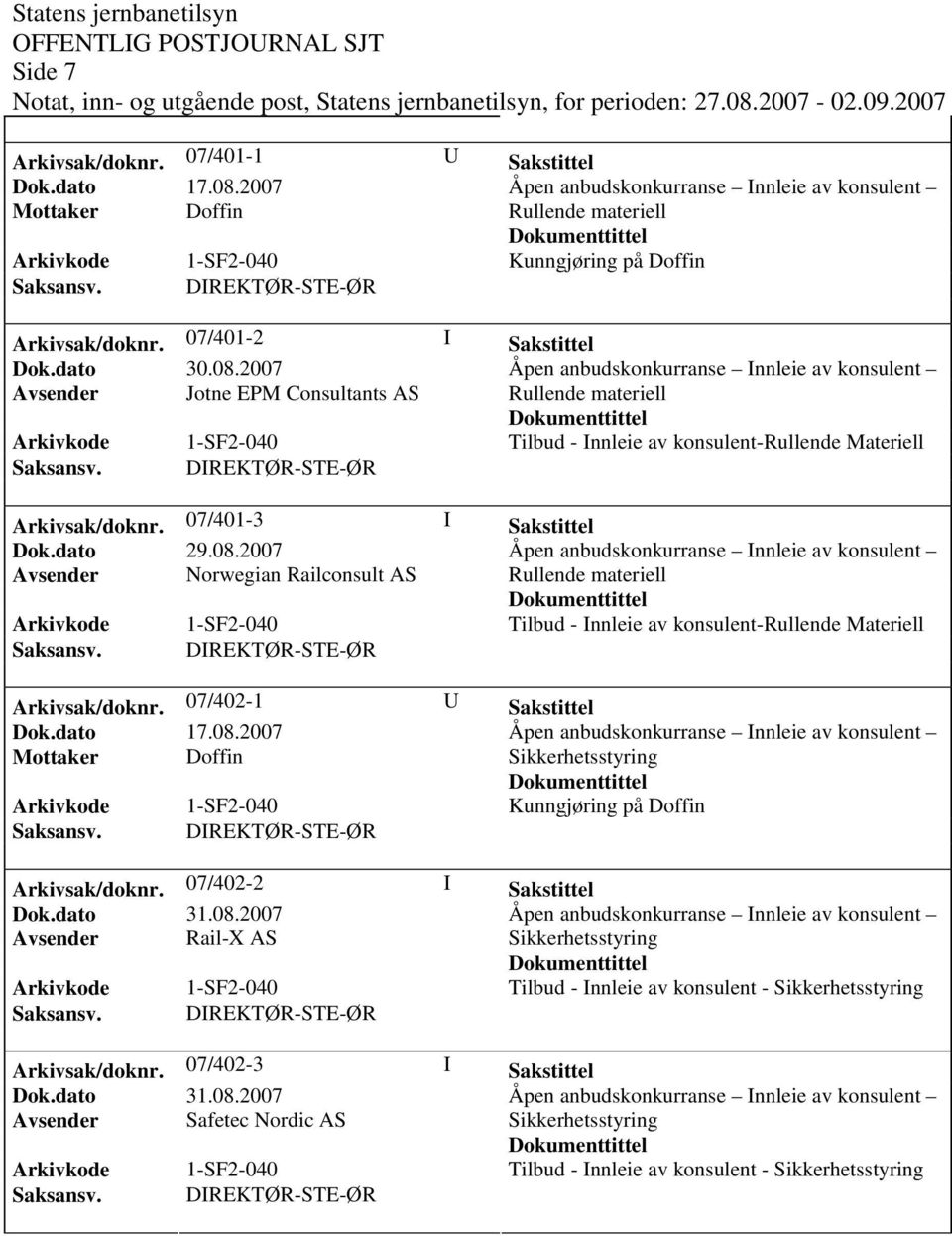 2007 Avsender Norwegian Railconsult AS Rullende materiell Tilbud - Innleie av konsulent-rullende Materiell Arkivsak/doknr.