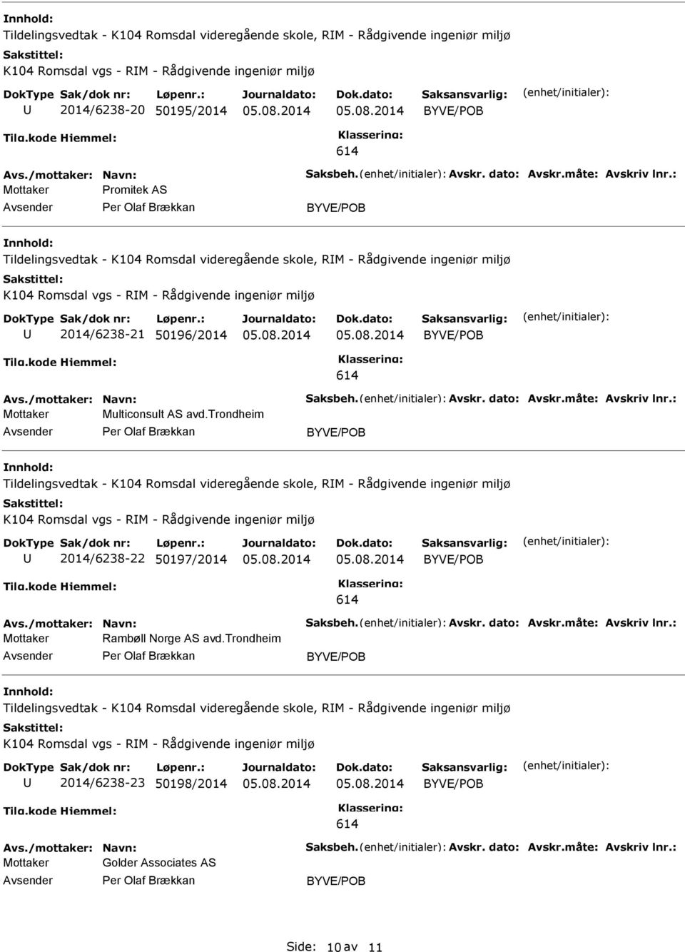 : Mottaker Promitek AS Tildelingsvedtak - K104 Romsdal videregående skole, RM - Rådgivende ingeniør miljø K104 Romsdal vgs - RM - Rådgivende ingeniør miljø 2014/6238-21 50196/2014 Avs.