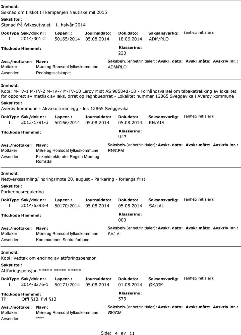 : Mottaker Møre og Romsdal fylkeskommune ADM/RLO Redningsselskapet Kopi: M-TV-1 M-TV-2 M-TV-7 M-TV-10 Lerøy Midt AS 985848718 - Forhåndsvarsel om tilbaketrekking av lokalitet for oppdrett av matfisk