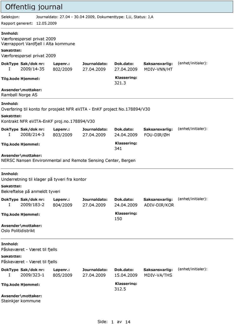 3 Rambøll Norge AS Overføring til konto for prosjekt NFR evta - EnKF project No.178894/V30 Kontrakt NFR evta-enkf proj.no.178894/v30 2008/214-3 803/2009 24.04.